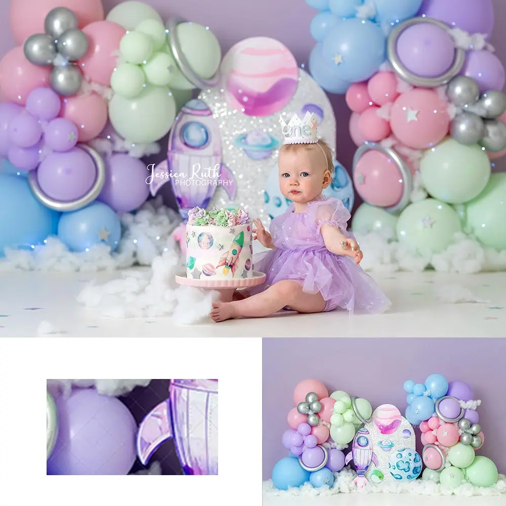 

Pastel Space Balloons Arch Photo Backdrop Kids Baby Cake Smash Photography Props Child Adult Birthday Studio Backgrounds