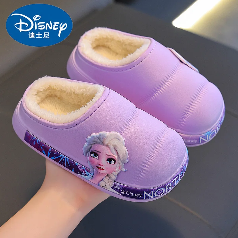 Disney Frozen Girls Cotton Slippers Soft Elsa Winter Warmer Indoor Warmth Preservation Non Slip Bedroom Children\'s Plush Shoes