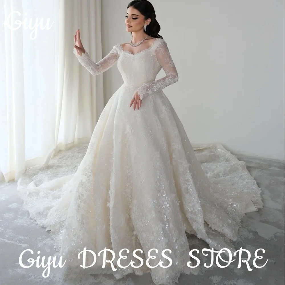 

Giyu Exquisite Shinny Lace A Line Wedding Dresses Sweep Train Long Sleeve Bridal Gown Backless customsied 2025 Vestidos De Novia