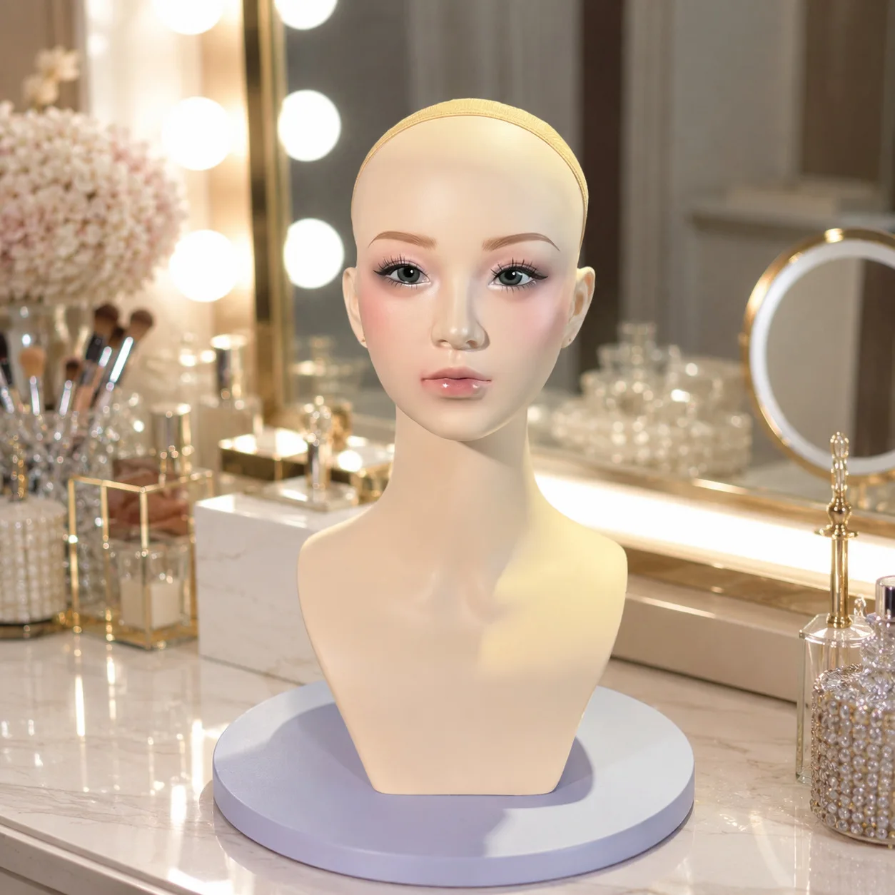 Makeup Cosplay Wig Mannequin Head with Ear Holes, Anime Simulation Model with False Eyelashes & Lipstick, Display Prop for Wigs