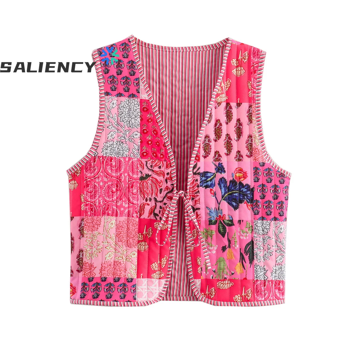 

Fashion Simple Leisure Sleeveless Patchwork Floral Print Quilted Vest Women Warm Coat Winter Waistcoat Outwear