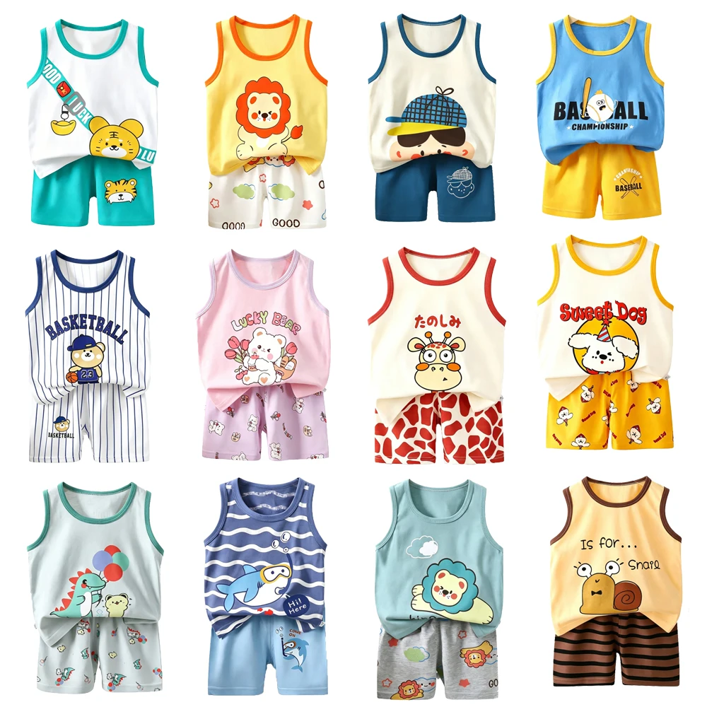 100% Cotton Boys Girls Pajamas Sets Kids Toddler 1 to 2 3 4 5 6 Years Cute Pijama Sleeveless Summer Pyjama Baby Sleepsuit Pjs
