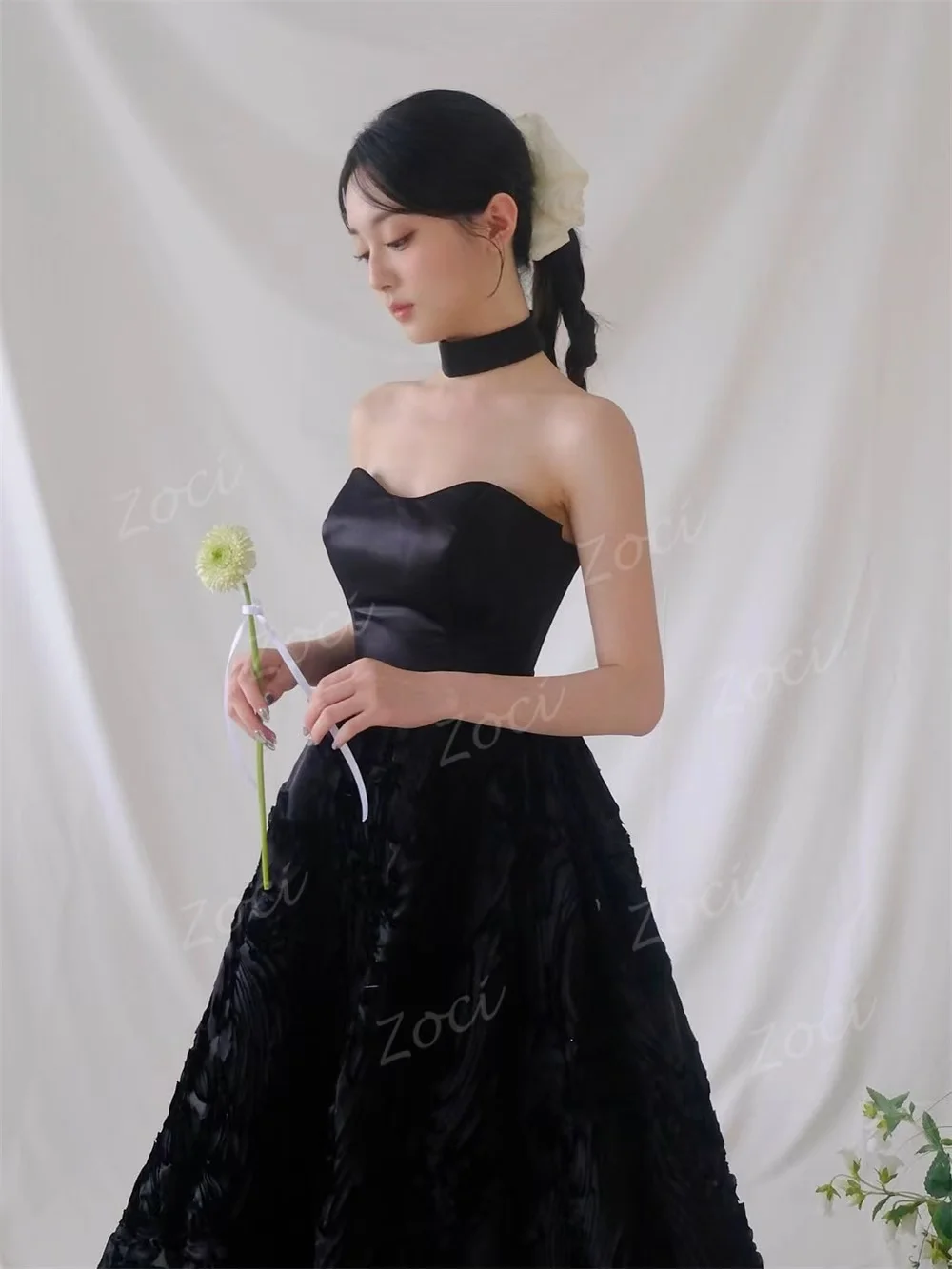 Zoci الحبيب الساتان الدانتيل الأسود كوريا فساتين الزفاف 3D الزهور ألف خط التقاط الصور العروس حزب أثواب مخصصة