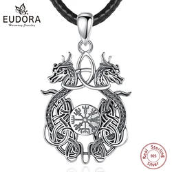Eudora 925 Sterling Silver Viking Dragon Necklace for Man Women Celtic Knot Compass Amulet Pendant Personality Jewelry Fine Gift