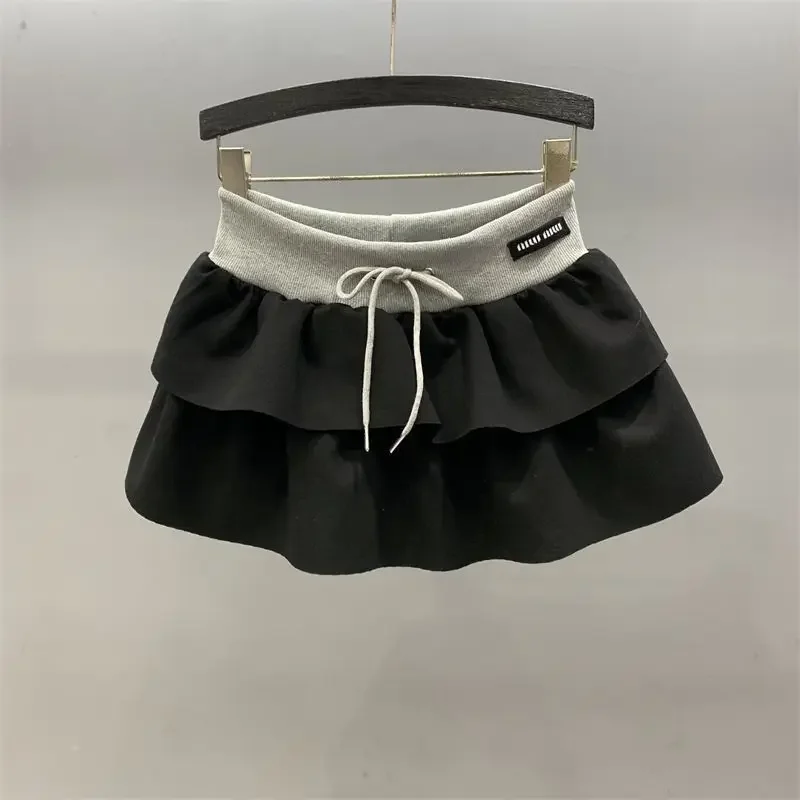 Spring/Summer New Drawstring Elastic Waist Casual Black Skirts for Women Sweet High Waist Slim A-line Puff Cake Short y2k Skirt