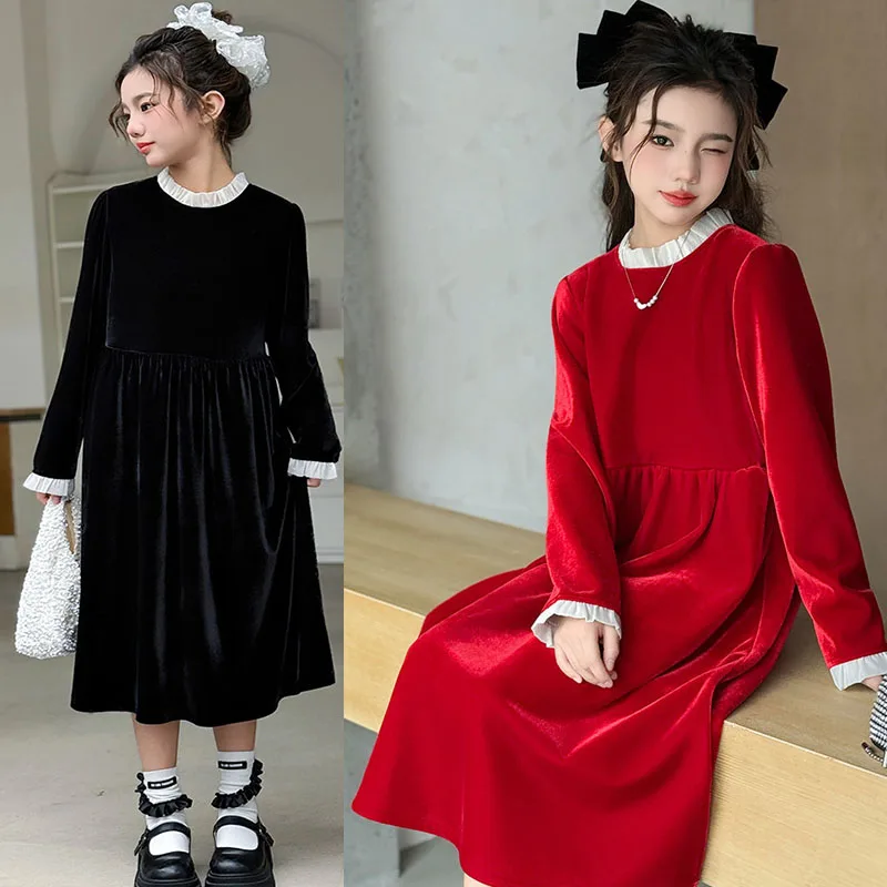 

Girl's Long Sleeve Velvet Dresses Winter Red Christmas Dress Girl Fleece Cute Swing A-Line Casual Party Black Clothing Thick