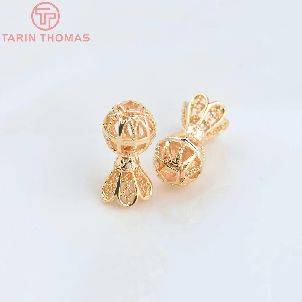 (3091)6PCS 8x15.5MM 9x18.5MM 24K Gold Color Brass Hollow Beads with Tassel Caps Necklace Connector High Quality Accessories