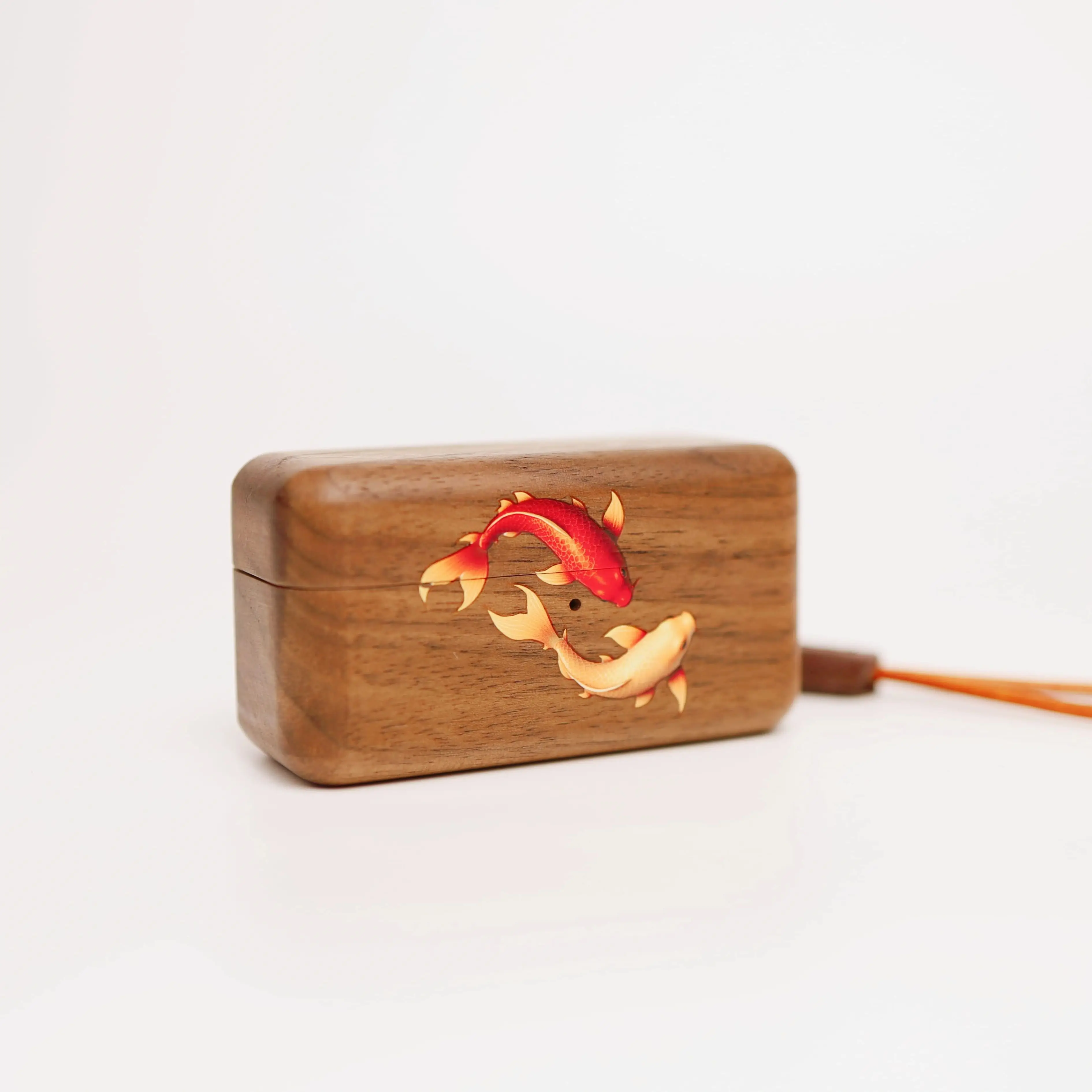 For Panasonic Technics EAH-AZ100 Walnut Wood Protective Case Full Cover Split Design Square Fish Design With Lanyard