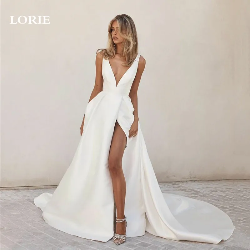 LORIE Sexy Sleeveless Deep V Neck Satin Wedding Dress A Line Side Split Bride Dress Princess Women Wedding Party  Gowns 2024