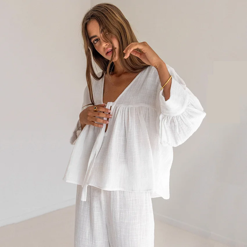 Cotton Trouser Suits Female 2 Piece Sets Lace Up Women\'s Nightwear Three Quarter Sleeve V Neck Pajamas Loose Sleepwear