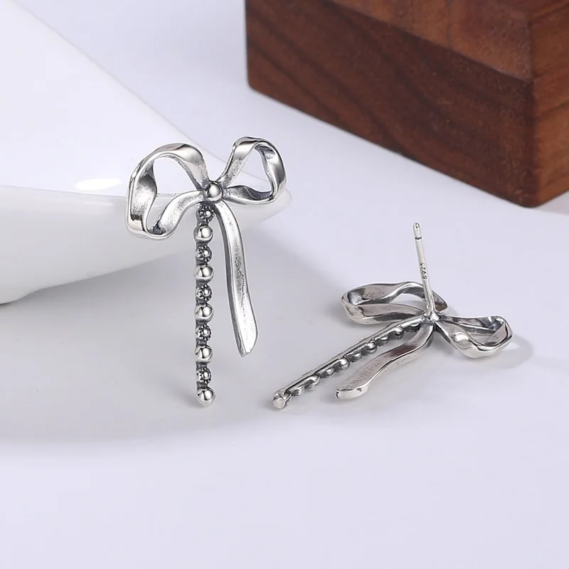 

Серьги из чистого серебра S925, женские серьги-гвоздики с бантом, штамп S925