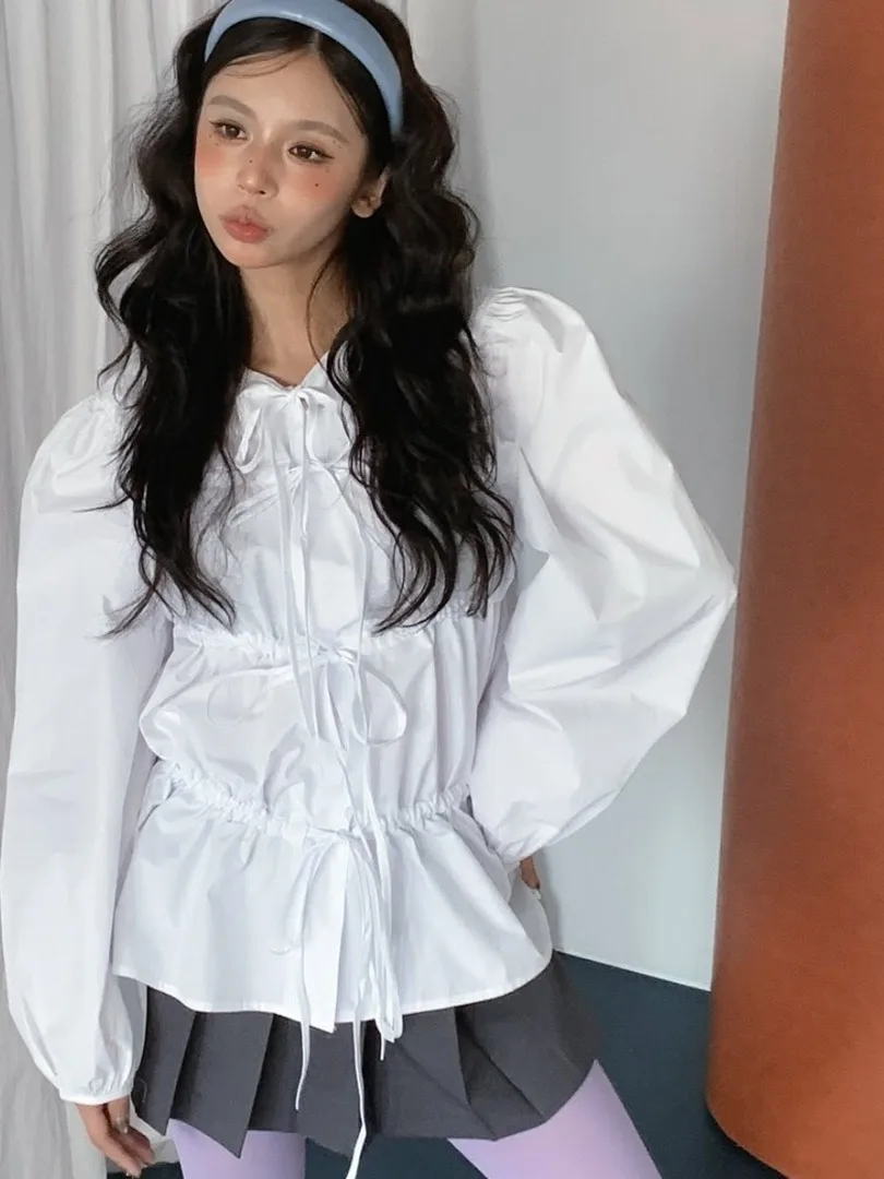 

Sli Anti-Aging Long Sve Dstring irt Women's Faion Item White irt Super Cute Top Korean Sle Slim Fit Polyester