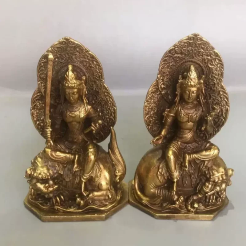 Antique Bronze Carved Manjushri & Samantabhadra Bodhisattva Statue Pair - Buddhist Altar Ornament, Feng Shui Home Decor