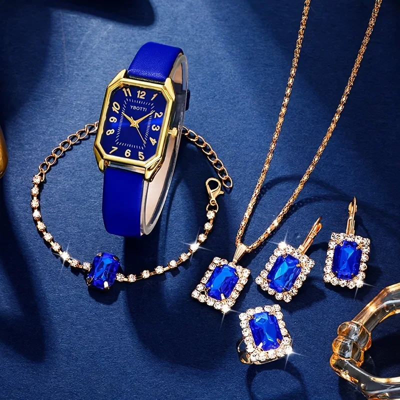 5pcs/6pcs women's fashionable retro PU belt quartz watch+crystal jewelry set