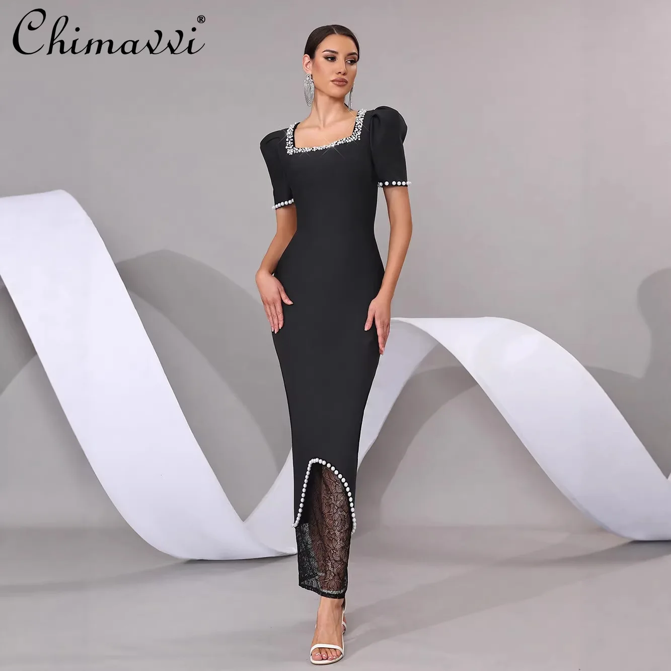 

2026 American Fashion Beaded Square Neck Long Sleeve Bandage Dress Female Elegant Temperament Evening Gown for Women Long Dress