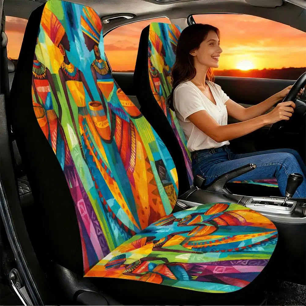 2pcs African Women Art Car Seat Covers - High-Back Fit For Front Seats, Vibrant African Print Covers Suitable For Cars, SUVs, Tr