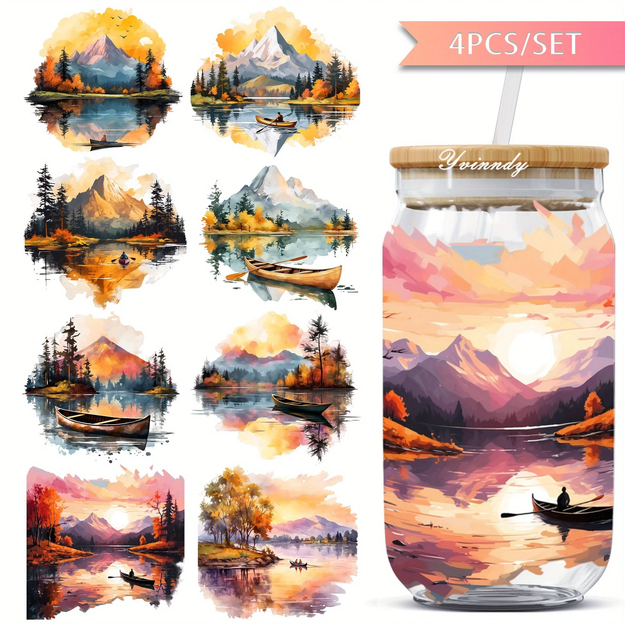 

4 шт./компл. виниловая бумага с осенним пейзажем для УФ-печати DTF, водонепроницаемая трансферная бумага для стеклянных банок объемом 16 унций, высококачественная бумага для DIY-творчества