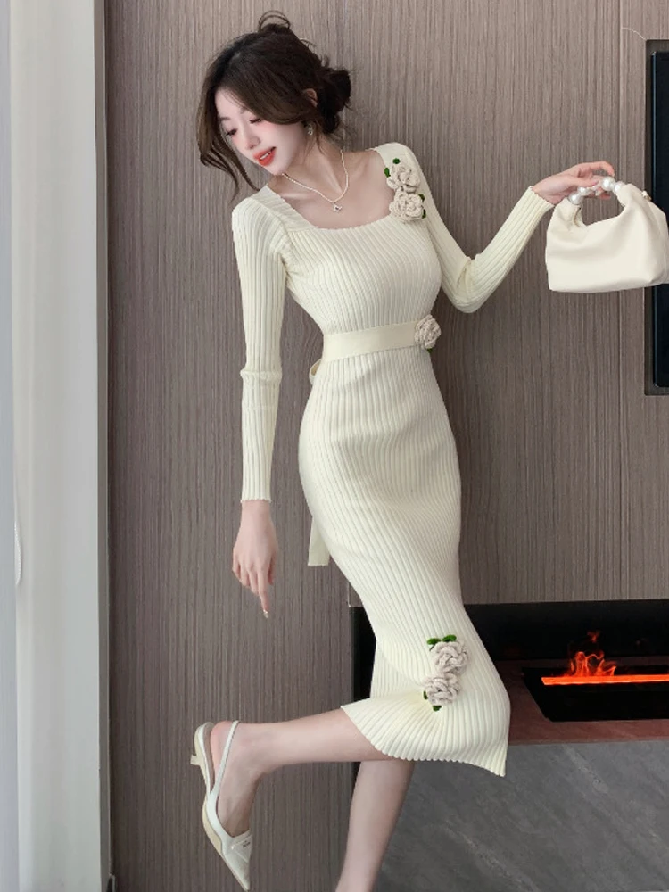 Women Clothes Knitted Sweet Solid Floral Square Neck Skinny Pencil Dress Ladies Sweater Casual Stretchy Robe Mujer Vestidos New