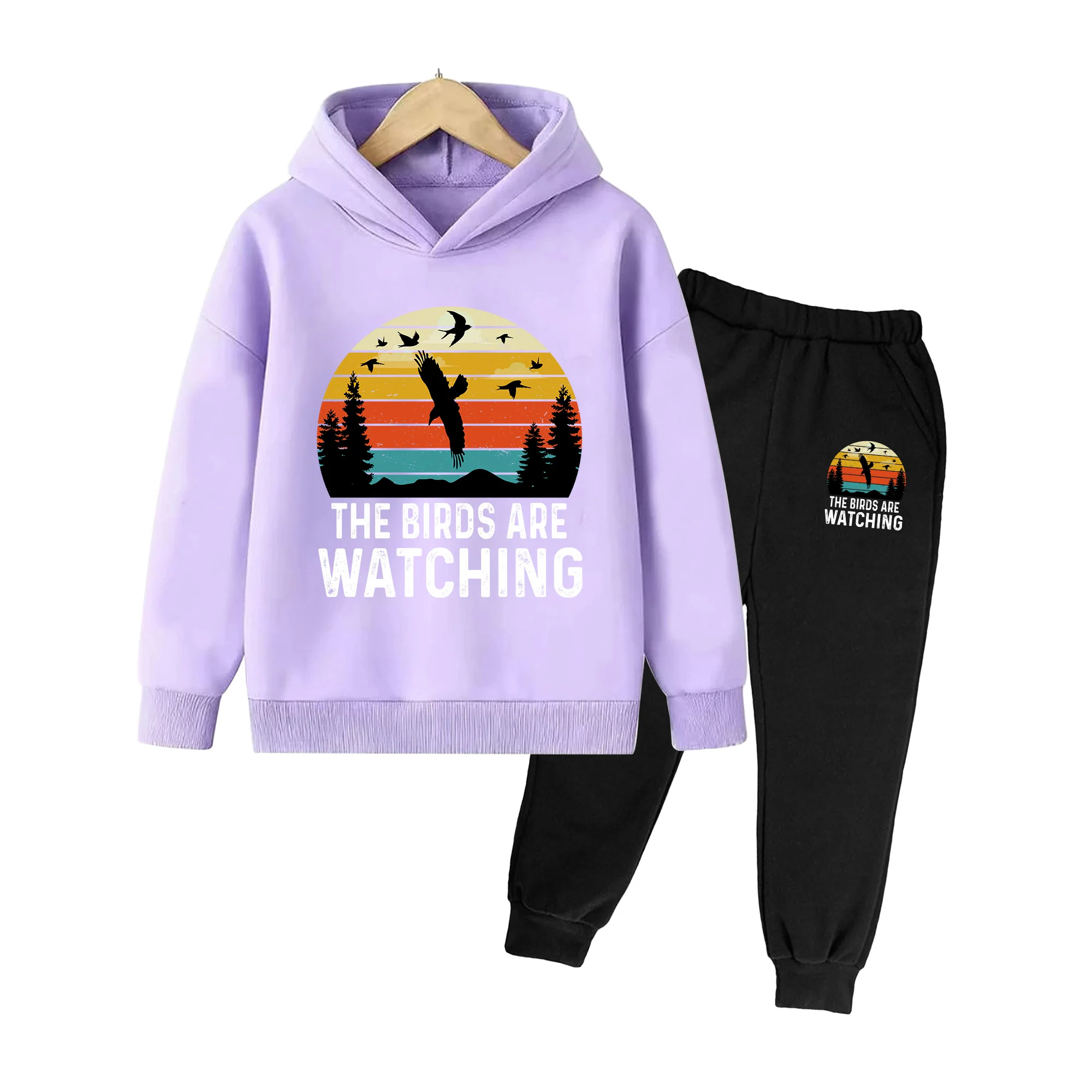 Kids Hoodie & Sweatpants Set, Retro Sunset Eagle Print Casual Sportswear for Boys & Girls Outdoor Daily Wear