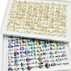50pcs/Lot Factory Mix Style Big Size Stainless Steel Finger Rings for Party Bar Lady Male Rose Flower Love Crown Jewelry Gifts
