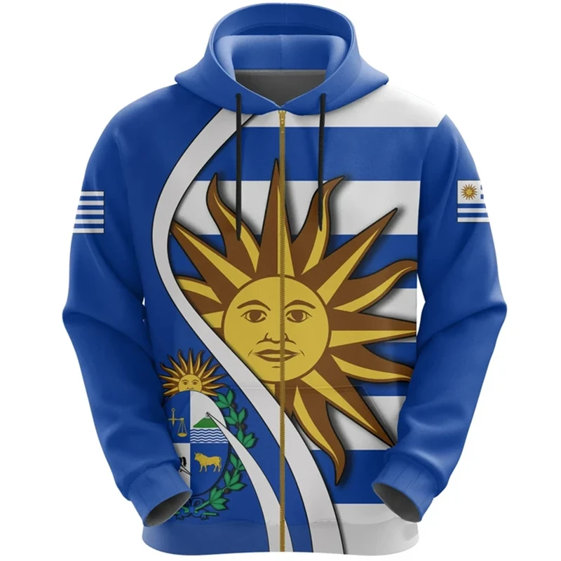 2024 Spring Autumn Daily Sportswear Zip Up Hoodies Street Uruguay Emblem Flag 3D Printing Oversized Hooded Sweatshirt Pullovers