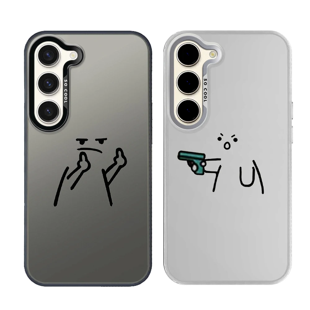 Silver Plated IMD Phone Case For Samsung S26 S25 S24 S23 S22 Ultra S20 S10 S21 FE 5G Plus Cover Cute Matchstick Men Couple
