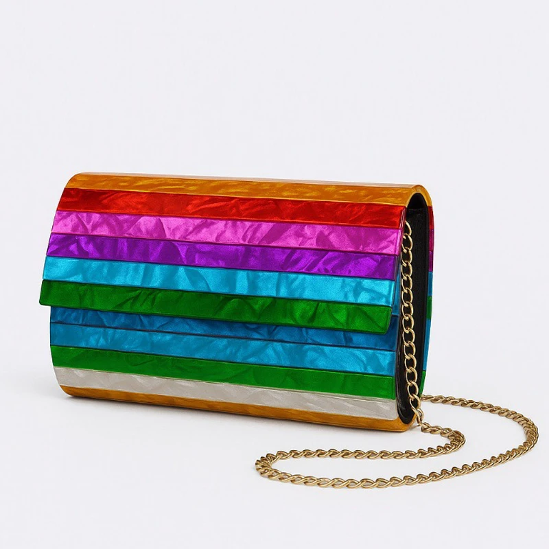 

Mini Clutch Evening Bags For Women Luxury Designer Handbag And Purses 2025 New In Acrylic Rainbow Patchwork Chain Strap Shoulder