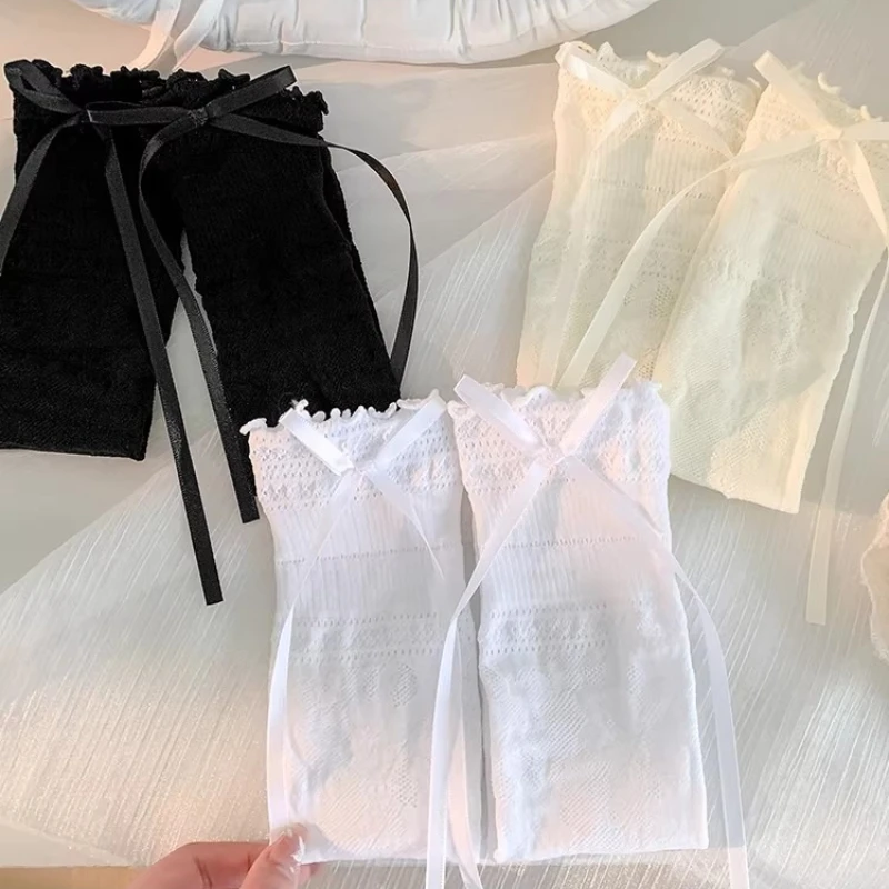 

Hollow Lace Trim Bow Princess Crew Socks Women’s Cute Mesh Ruffled Calf Socks Perfect for Daily Party Looks Lolita Style Hosiery
