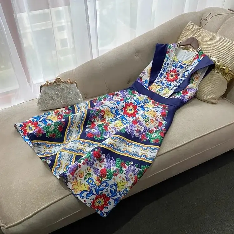 

Fashion Summer Holiday Floral Midi Dress Women's O-Neck Sleeveless Tank Flower Print A-Line Vintage Party Vestidos