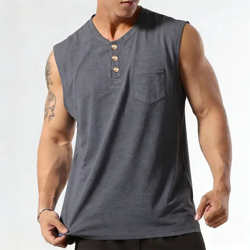 Men's Sleeveless Wide Shoulder Vest for Men's Henry Collar Button Fitness Sports Top Summer Men's Tank Top Fashion Casual