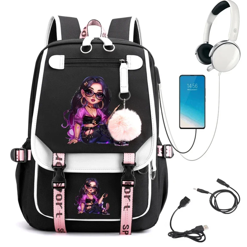 Black Girl Print Cartoon School Bag for Student Teens Usb Bookbag Laptop Mochila Teenage Backpack Kawaii Bagpack