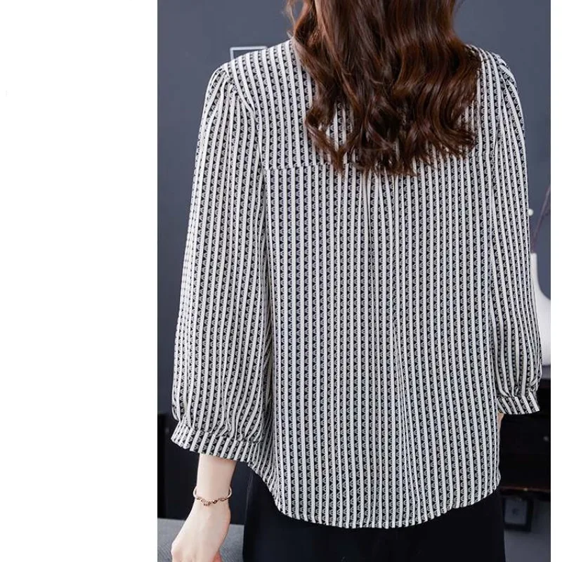 Round Neck Spring Autumn Lantern Long Sleeve Pullover Plaid Button Women\'s Clothing Contrast Color Shirt Flattering Elegant Tops