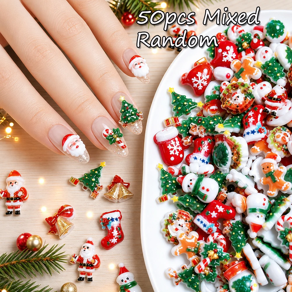 50Pcs Mixed Xmas Nail Charms Cute Santa Claus Gingerbread Man Christmas Tree Resin Nail Decoration Winter Holiday DIY Manicure