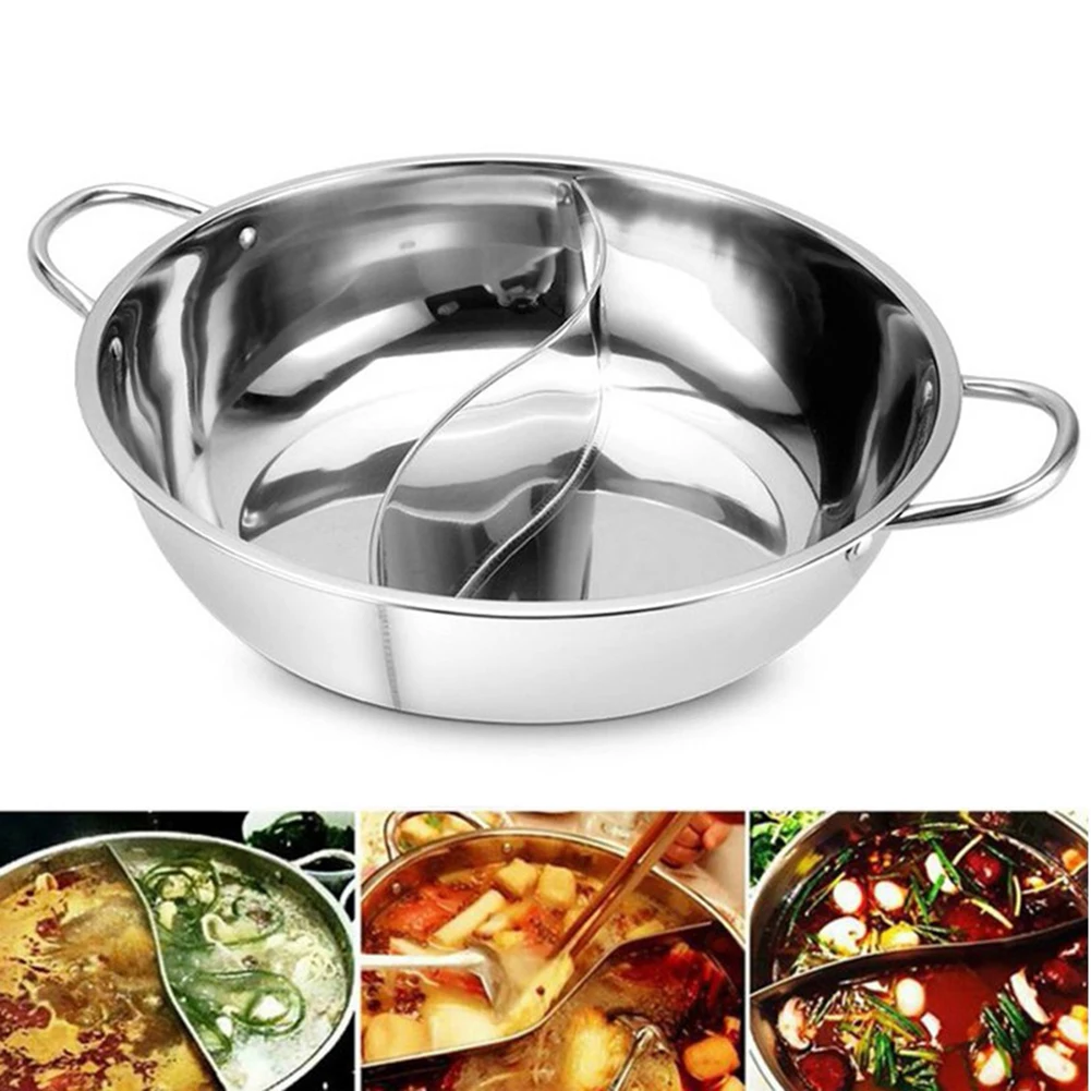 28/30cm Twin Divided Hot Pot Stainless Steel Hotpot Kitchen Cooker Home Cooking Cookware Dish Plate Compatible Cooker Gas Stove