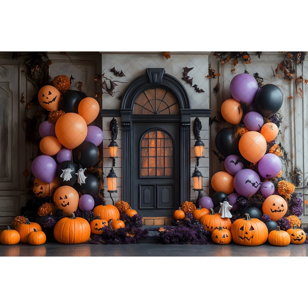 Halloween Night Background Decoration Ballons Castle Moon Pumpkin Bat Photography Backdrops Horrible Cemetery Photo Backdrop