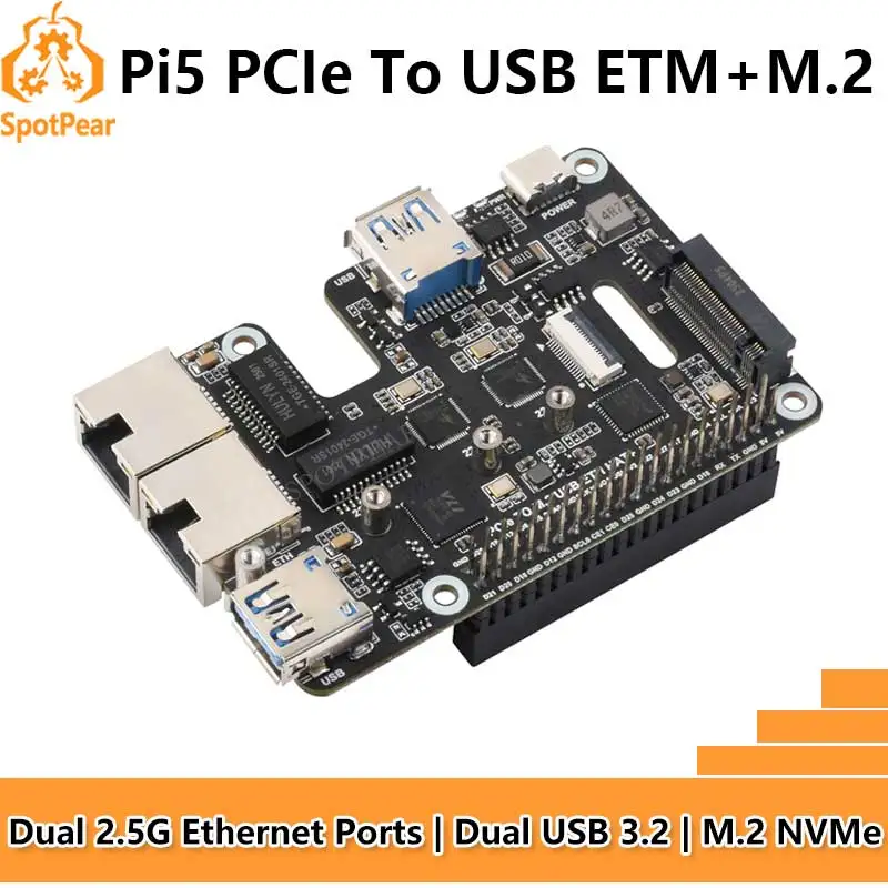 Raspberry Pi 5 PCIe to USB3 HUB Double 2.5G ETH RJ45 and M.2 NVMe SSD PI5 Expansion board HAT+