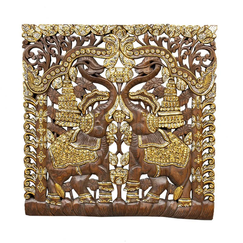 South East Asia style teak carved board, Thailand imported hand carved elephant wood carving painting bedroom bedside