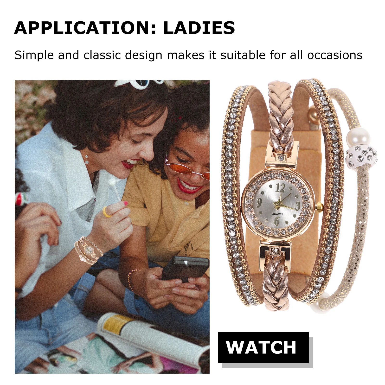 

Fashion Rhinestone Women Watch Beige Multi-Layer Pearl Studded Bracelet Quartz Wristwatch For Party Daily Wedding Gift