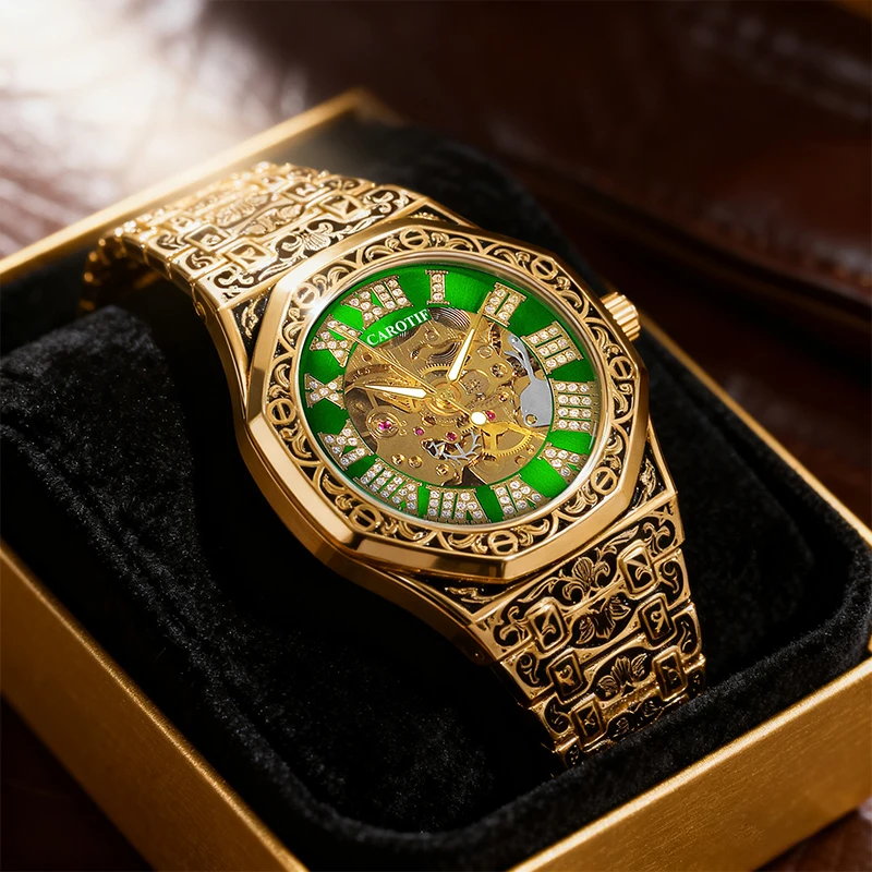 

A men's black and gold steel strip fashion style personalized hollow carved pattern fully automatic mechanical watch