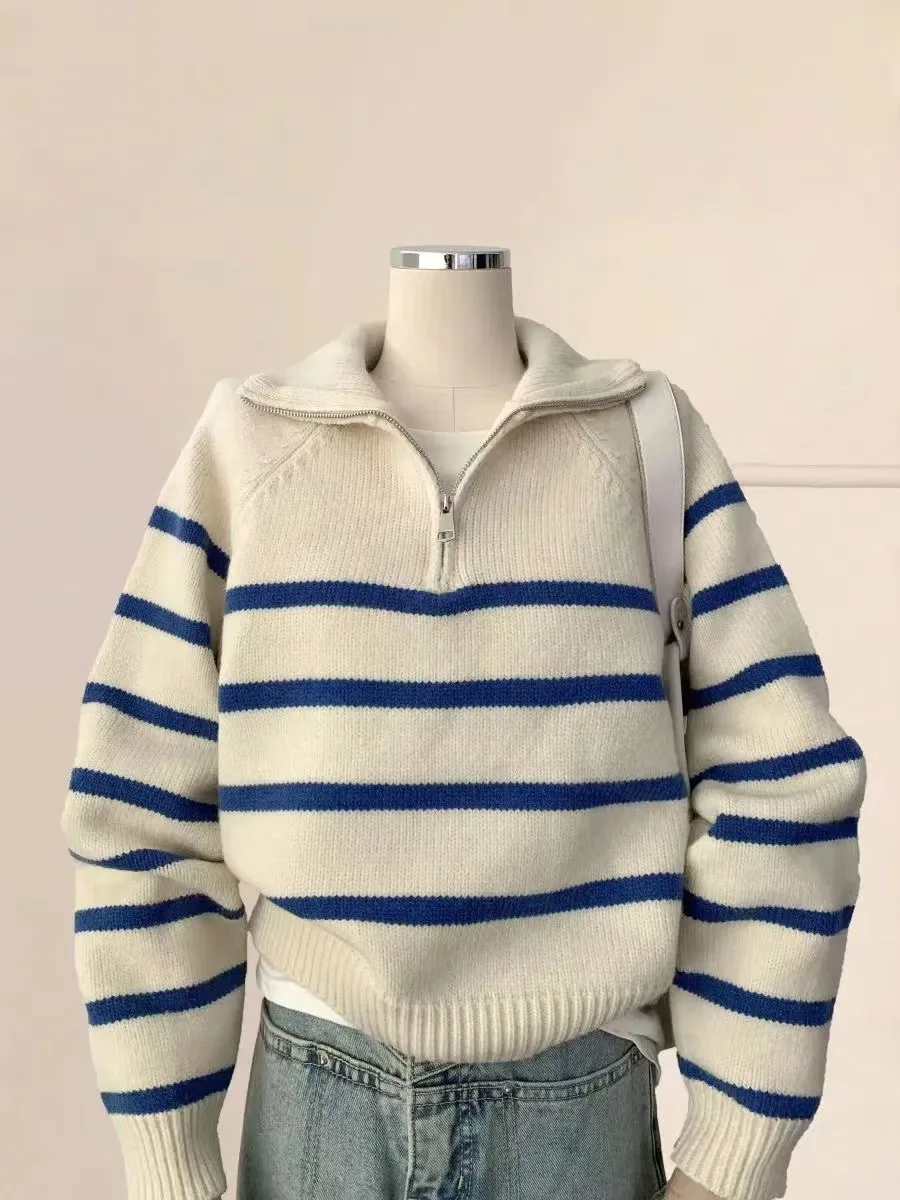 Fashion Striped Sweater Women Fall Winter Clothes Half Zipper Turndown Collar Jumper Pull Femme Knit Pullovers Tops Sueter Mujer