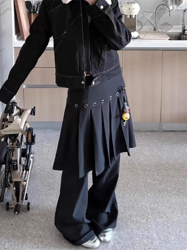 RORORIRI Eyelets Black Pleated Skirt Layered Bell Bottoms Women Casual Plain Mock Wide Leg Bootcut Suit Pants Punk Retro Clothes