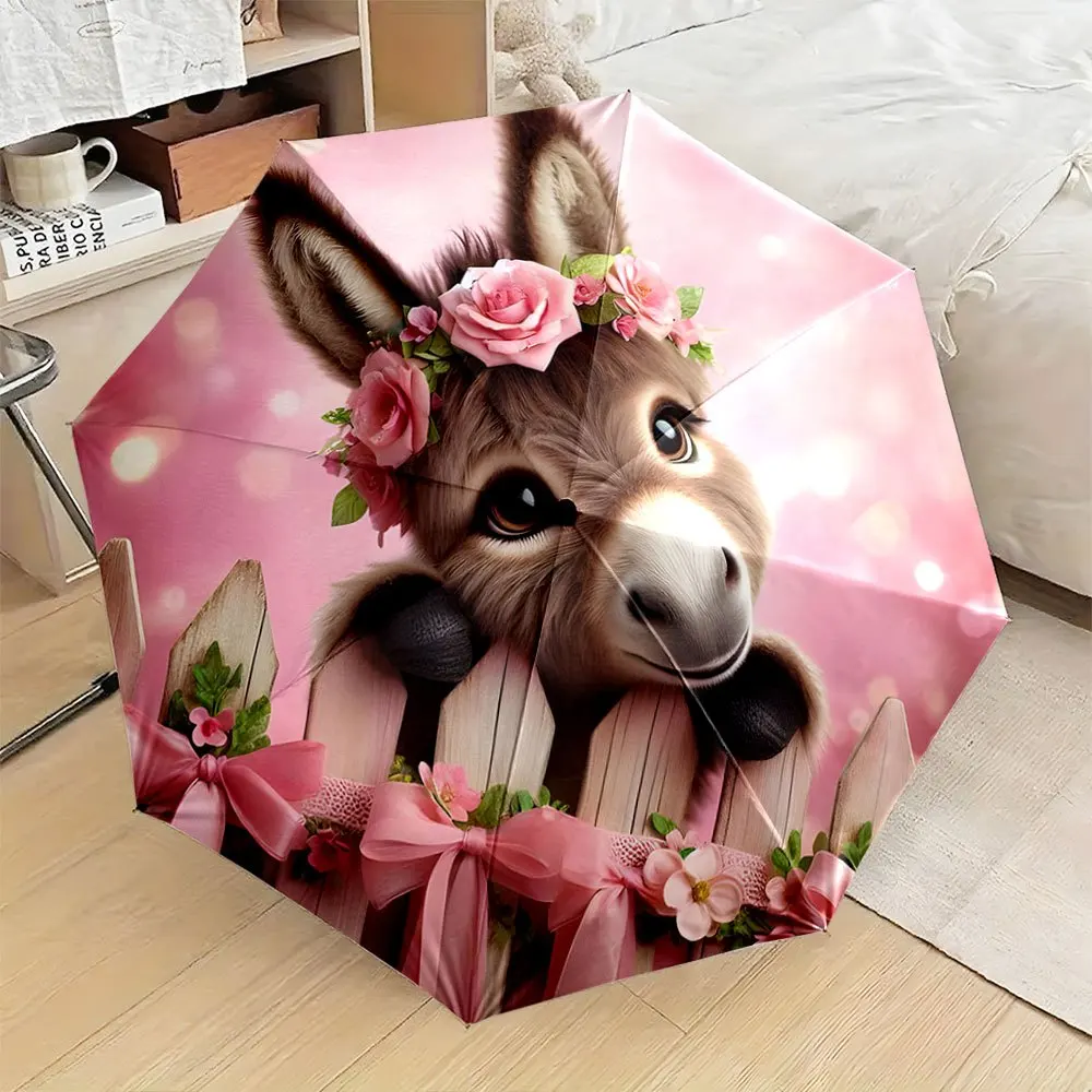 

Foldable Umbrella with Smiling Donkey & Pink Rose Crown Design - Automatic Open, 8-Rib Durable Frame, Compact Travel & Backpac