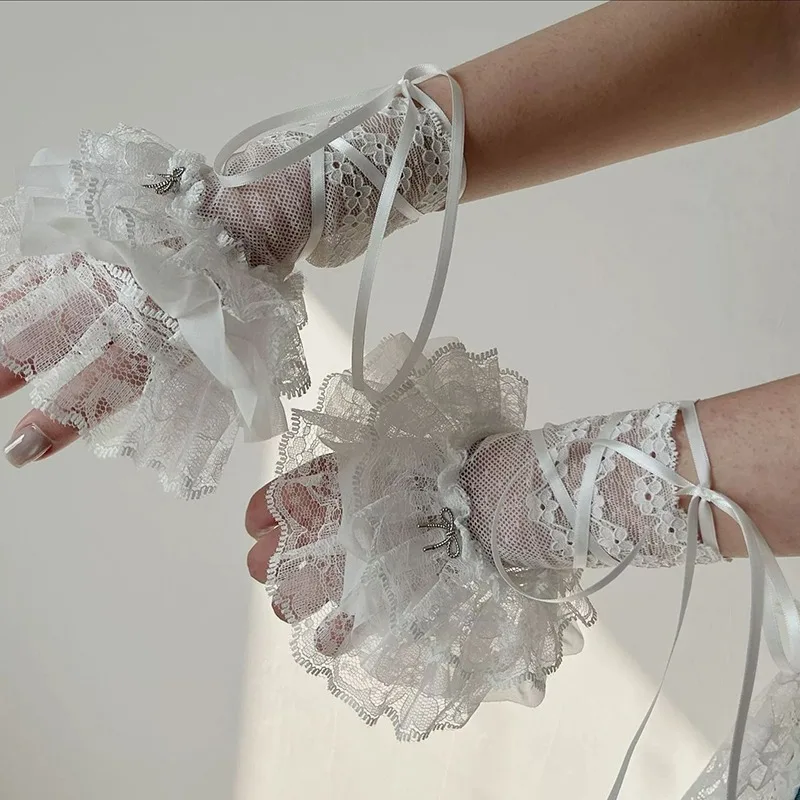 1pair JK Lolita Lace Sleeves Wristband Silk Ribbon Y2K Lace Wrist Cuffs Black White Ruffles Gloves Girls Cosplay Costume Props