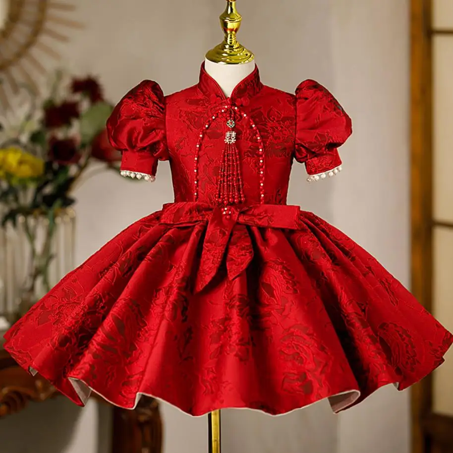 

2023 New Children's Lolita Evening Gown Bow Bead Design Birthday Baptism Party Easter Eid Red Dresses A2164