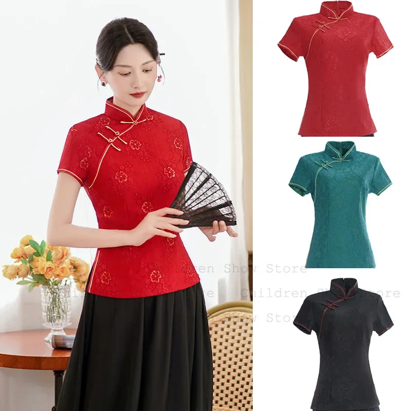 Lace Cheongsam Top Women Elegant Qipao Tang Clothes Women Summer Spring New Shirt Vintage Mandarin Collar Blouse Big Size 3Xl4Xl