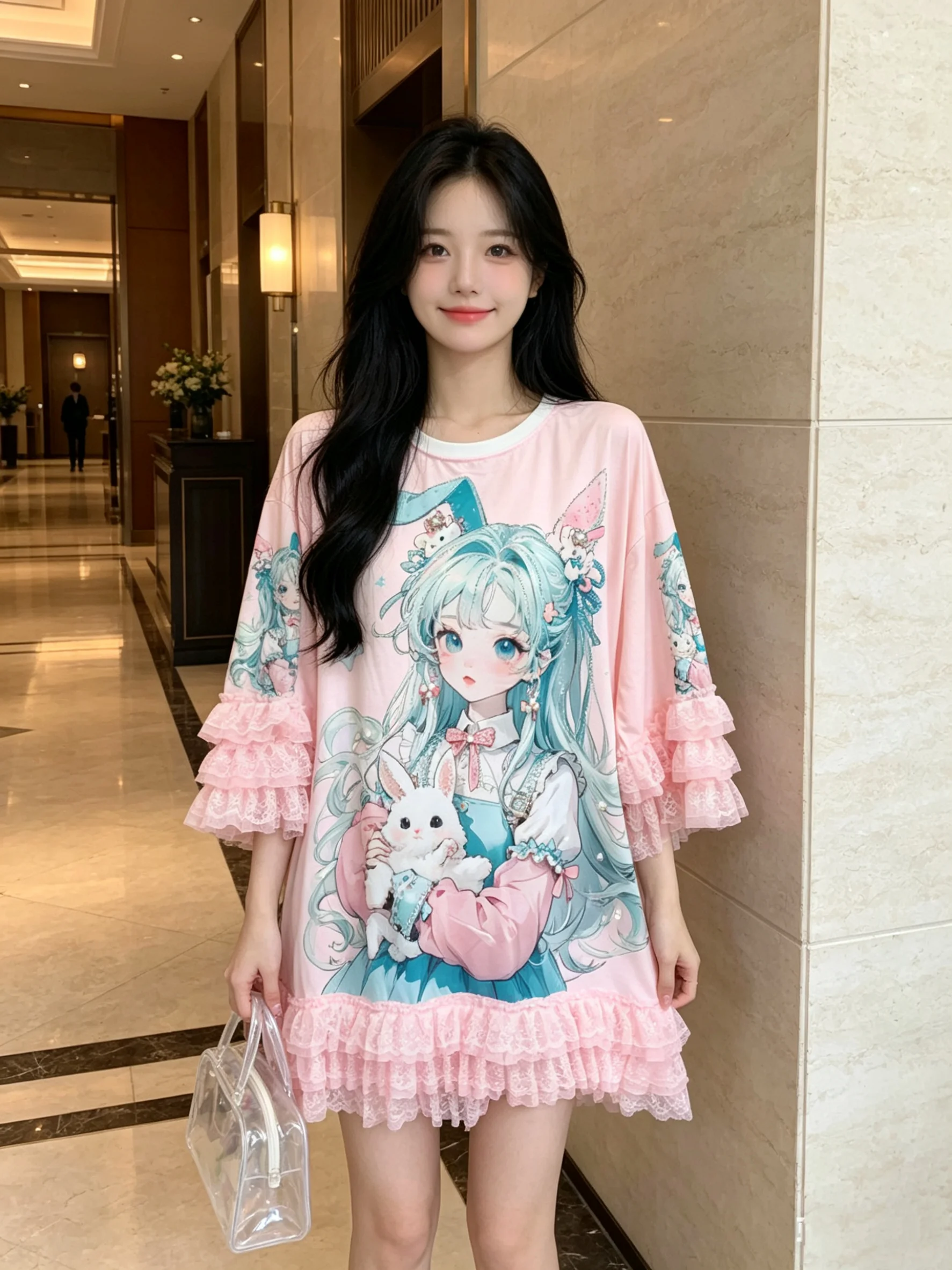 New Summer Pink Princess Short Sleeve T-shirt Mid-long Round Neck Pullover Top Cute Cartoon Printed Elegant Lace Casual Dress