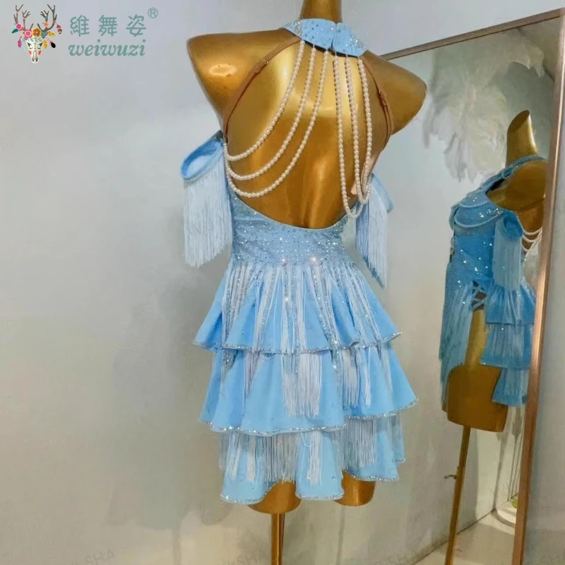 Latin Dance Competition Women's High-end Custom Hanging Neck Pearl Chain Chest Samba Professional Performance Rhinestone Dress