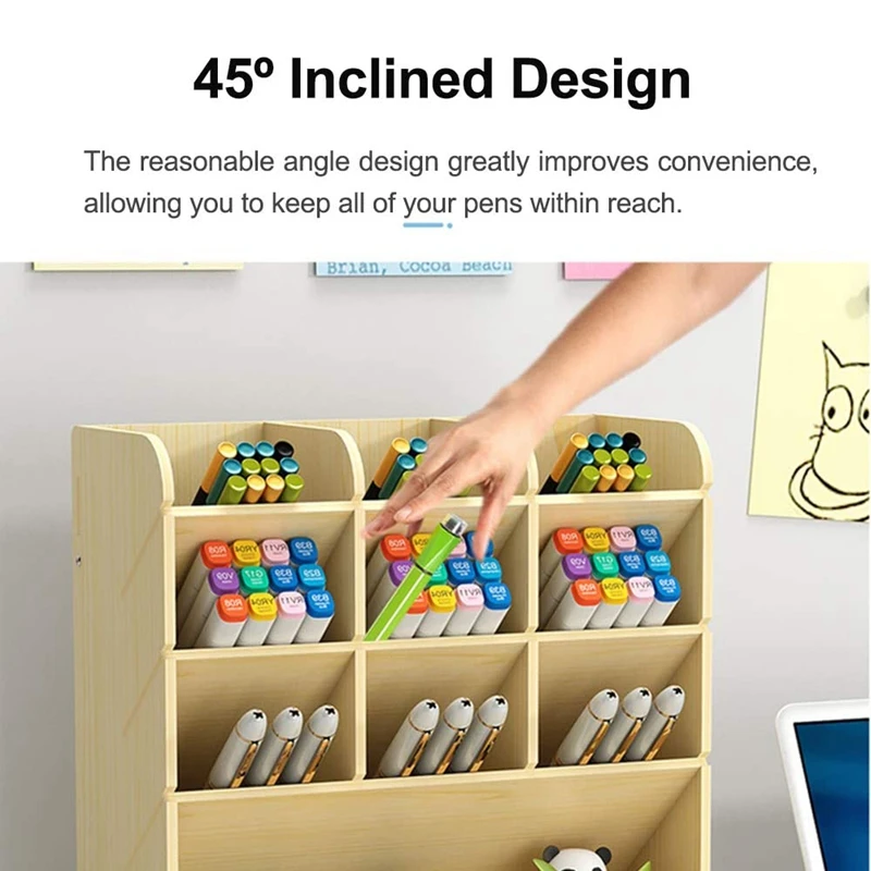 Wooden Desk Organizer, DIY Pen Holder Storage Box Desktop Stationery Storage Rack, Pan Organizer Caddies image 3