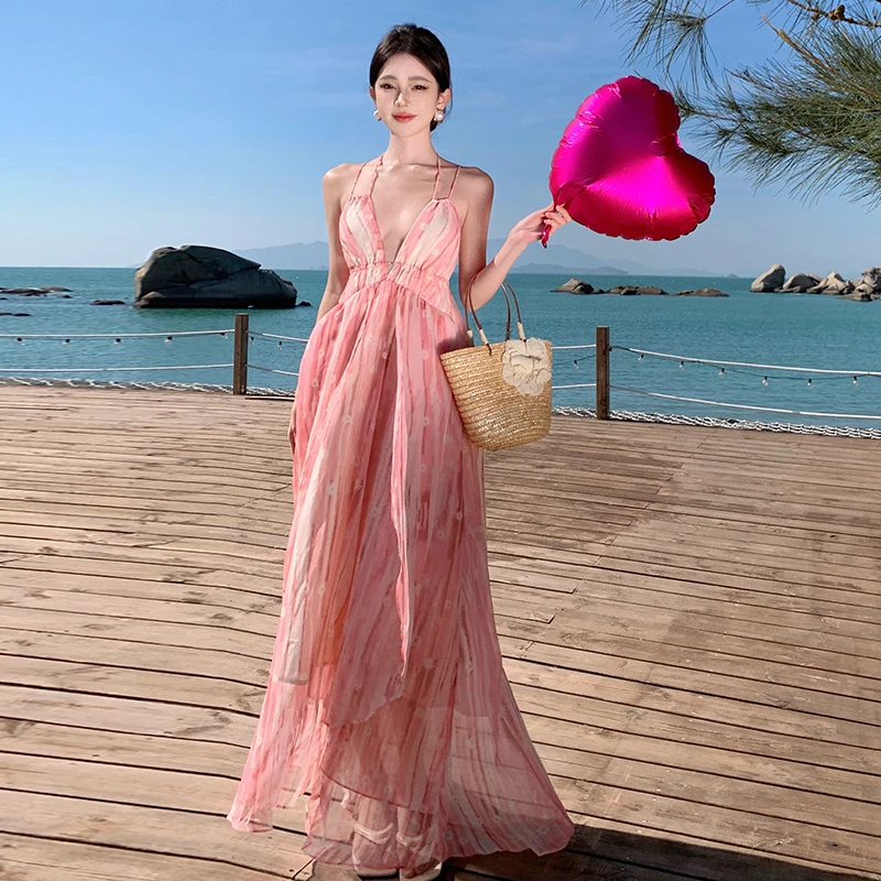 French Summer Pink Flower Print Vacation Maxi Dress Women Sexy Deep V Neck Backless Striped Chiffon High Waist Beach Long Robe