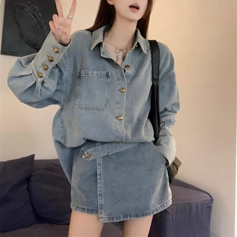 Neploe Vintage Long Sleeve Denim Shirts Women+ Y2k Irregular High Waist Skirts Two Piece Sets 2024 Spring New Two Piece Sets